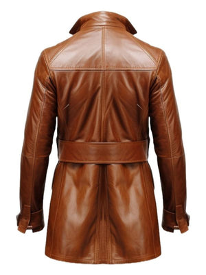 Men's Vintage Tan Leather Trench Coat with Big Pockets