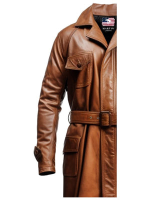 Men’s Vintage Brown Long Coat – Distressed Leather Brown Coat