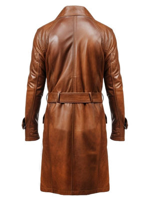Men’s Vintage Brown Long Coat – Distressed Leather Brown Coat