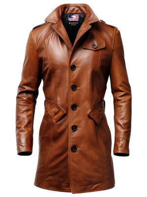 Men's Vintage Tan Brown Leather Long Coat