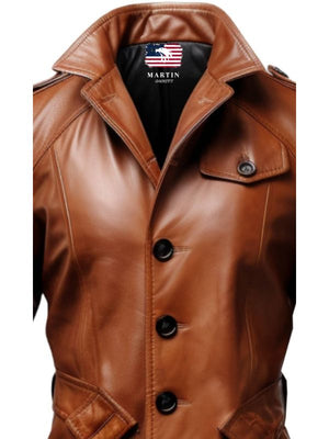 Men's Vintage Tan Brown Leather Long Coat