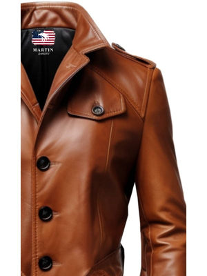 Men's Vintage Tan Brown Leather Long Coat