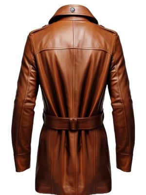 Men's Vintage Tan Brown Leather Long Coat