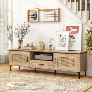 Mid Century Modern Entertainment Center with 2 Cabinets and Storage Drawer-Oak