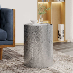 Modern Round Accent Table with Hammered Surface - Pearl Silver or Gold