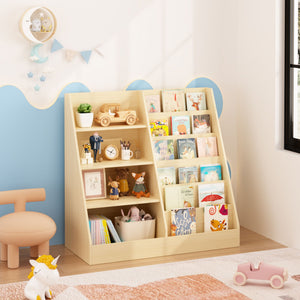 4 Tier Bookshelf and Toy Storage Organizer with Display Stand - Gray, Light Brown, White