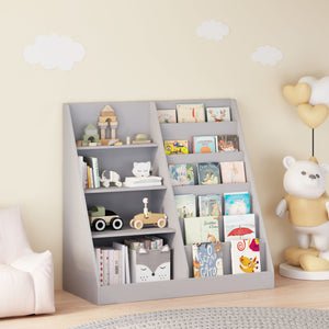 4 Tier Bookshelf and Toy Storage Organizer with Display Stand - Gray, Light Brown, White