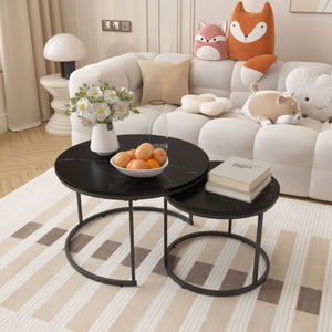 Round Nesting Coffee Table Set of 2 with Metal Base - Light Brown, White, or Black