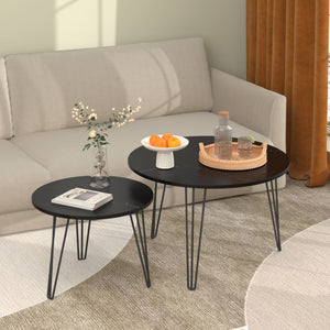 Rustic Round Nesting Coffee Table Set of 2 with Metal Frame - White, Black, Light Brown