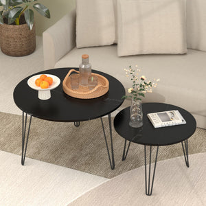 Rustic Round Nesting Coffee Table Set of 2 with Metal Frame - White, Black, Light Brown