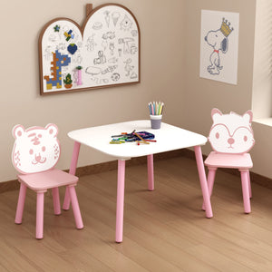 Wooden Toddler Table and Chair Set with Animal Backrest - Pink / White