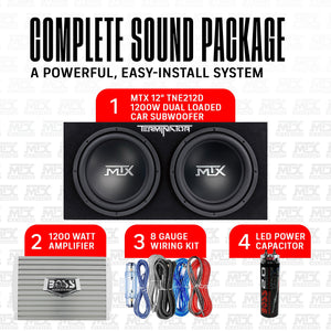 MTX TNE212D 12" 1200W Dual Loaded Subwoofer Box + 1500W Amplifier + Capacitor