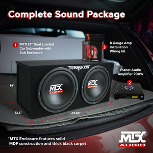 MTX TNE212D 12" 1200W Dual Loaded Car Subwoofers Box & Planet 1500W Amp with Kit - TRAPSKI