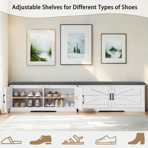 2 Tier Shoe Bench with Padded Seat and Adjustable Shelves - White