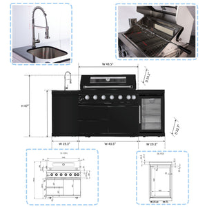 6 Burner Outdoor Kitchen Island Grill with Wine Cooler and Rotisserie Kit - Black
