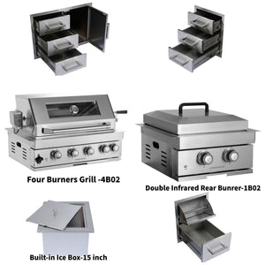 Built-In Outdoor Kitchen LPG Gas Grill with Ice Box and BBQ Tool Set - Silver