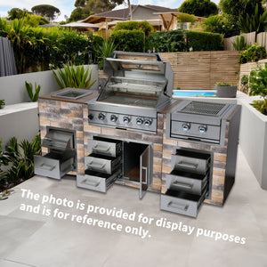 Built-In Outdoor Kitchen LPG Gas Grill with Ice Box and BBQ Tool Set - Silver