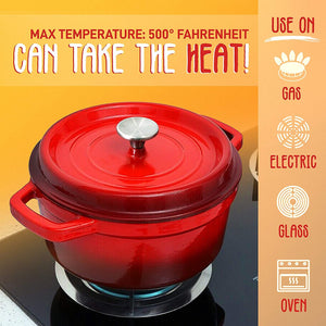 NutriChef 5 Quart Enameled Round Cast Iron Dutch Oven with Self Basting Lid, Red