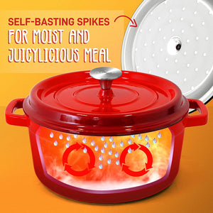 NutriChef 5 Quart Enameled Round Cast Iron Dutch Oven with Self Basting Lid, Red