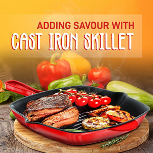 NutriChef 11 Inch Square Cast Iron Skillet with Porcelain Enamel Coating, Red