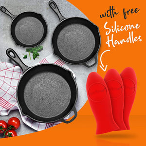 NutriChef Non Stick Pre Seasoned Cast Iron Skillet Frying Pan, 3 Piece Set