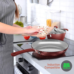 NutriChef 11 Piece Nonstick Ceramic Cooking Kitchen Cookware Pots & Pan Set, Red