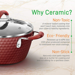 NutriChef 11 Piece Nonstick Ceramic Cooking Kitchen Cookware Pots & Pan Set, Red