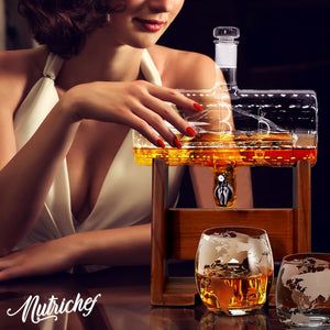 NutriChef Home Bar Glass Barrel Whiskey Carafe Alcohol Decanter Set (2 Pack)