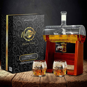 NutriChef Home Bar Glass Barrel Whiskey Carafe Alcohol Decanter Set w/ Glasses