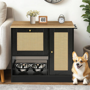 Feeding Station with 2 Lockers and Elevated Bowls - Black