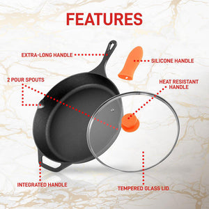 NutriChef 12" Pre Seasoned Nonstick Cast Iron Frying Pan w/ Lid & Handle Cover - TRAPSKI