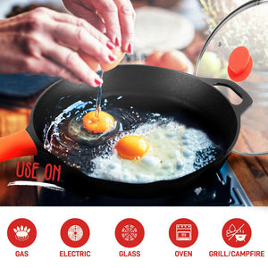 NutriChef 12" Pre Seasoned Nonstick Cast Iron Frying Pan w/ Lid & Handle Cover - TRAPSKI