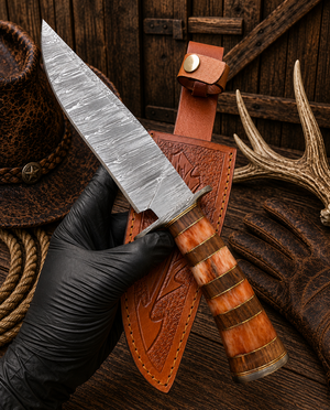 Oakleaf Legend Damascus Bowie Knife – Bone, Wood Handle & Leather Sheath