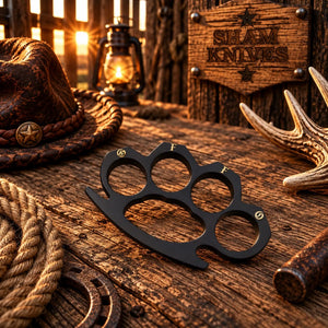 OFFO & GFOD – Black Engraved Brass Knuckle Collectible with Leather Sheath