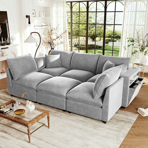 Modern U-Shaped Sectional Sofa with Storage Ottoman & USB Ports - Multiple Colors