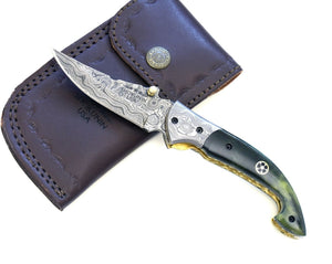Omni Damascus Pocket Knife with Bone handle & Sheath
