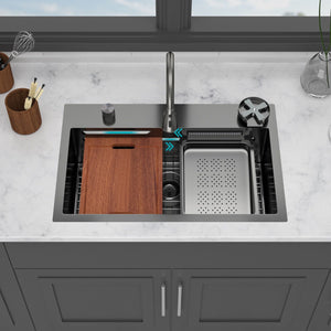 Drop In Waterfall Kitchen Sink with Pull-Out Faucet & Cup Washer - Gray or Black
