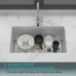 Rectangular Deep Single Bowl Kitchen Sink with Scratch-Resistant Glaze - White