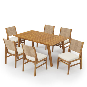 Outdoor 7-Piece Acacia Wood Dining Set with Taiga 69 Table and Cream Cushions
