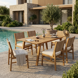 Outdoor 7-Piece Acacia Wood Dining Set with Taiga 69 Table and Cream Cushions