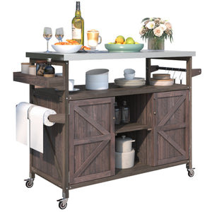 Outdoor Kitchen Island Bar Cart with Stainless Steel Top - Natural Finish