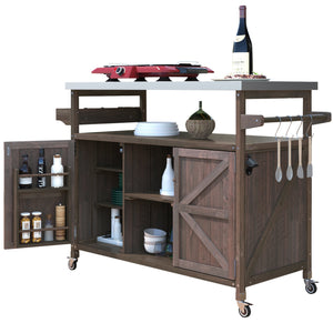 Outdoor Kitchen Island Bar Cart with Stainless Steel Top - Natural Finish