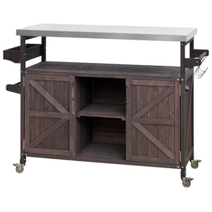 Outdoor Kitchen Island Bar Cart with Stainless Steel Top - Natural Finish