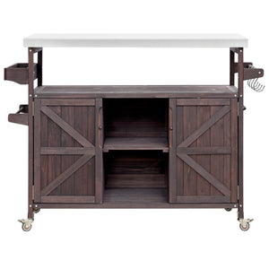 Outdoor Kitchen Island Bar Cart with Stainless Steel Top - Natural Finish
