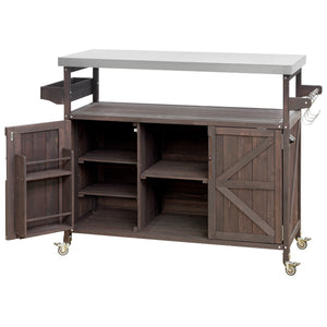 Outdoor Kitchen Island Bar Cart with Stainless Steel Top - Natural Finish