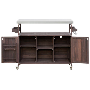 Outdoor Kitchen Island Bar Cart with Stainless Steel Top - Natural Finish