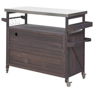 Outdoor Kitchen Island Bar Cart with Stainless Steel Top - Natural Finish