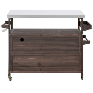 Outdoor Kitchen Island Bar Cart with Stainless Steel Top - Natural Finish