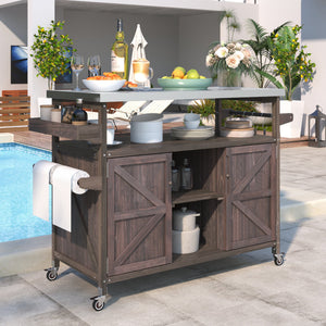 Outdoor Kitchen Island Bar Cart with Stainless Steel Top - Natural Finish