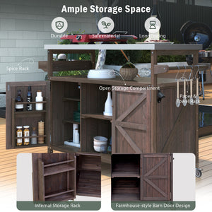 Outdoor Kitchen Island Bar Cart with Stainless Steel Top - Natural Finish